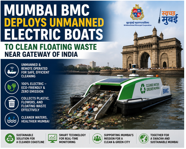 Mumbai BMC Deploys Unmanned Electric Boats to Clean Floating Waste Near Gateway of India