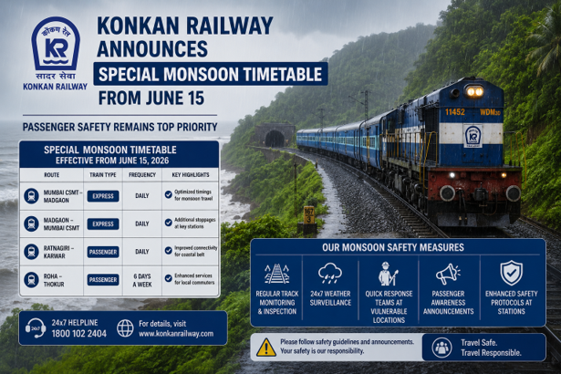 Konkan Railway Announces Special Monsoon Timetable From June 15; Passenger Safety Remains Top Priority
